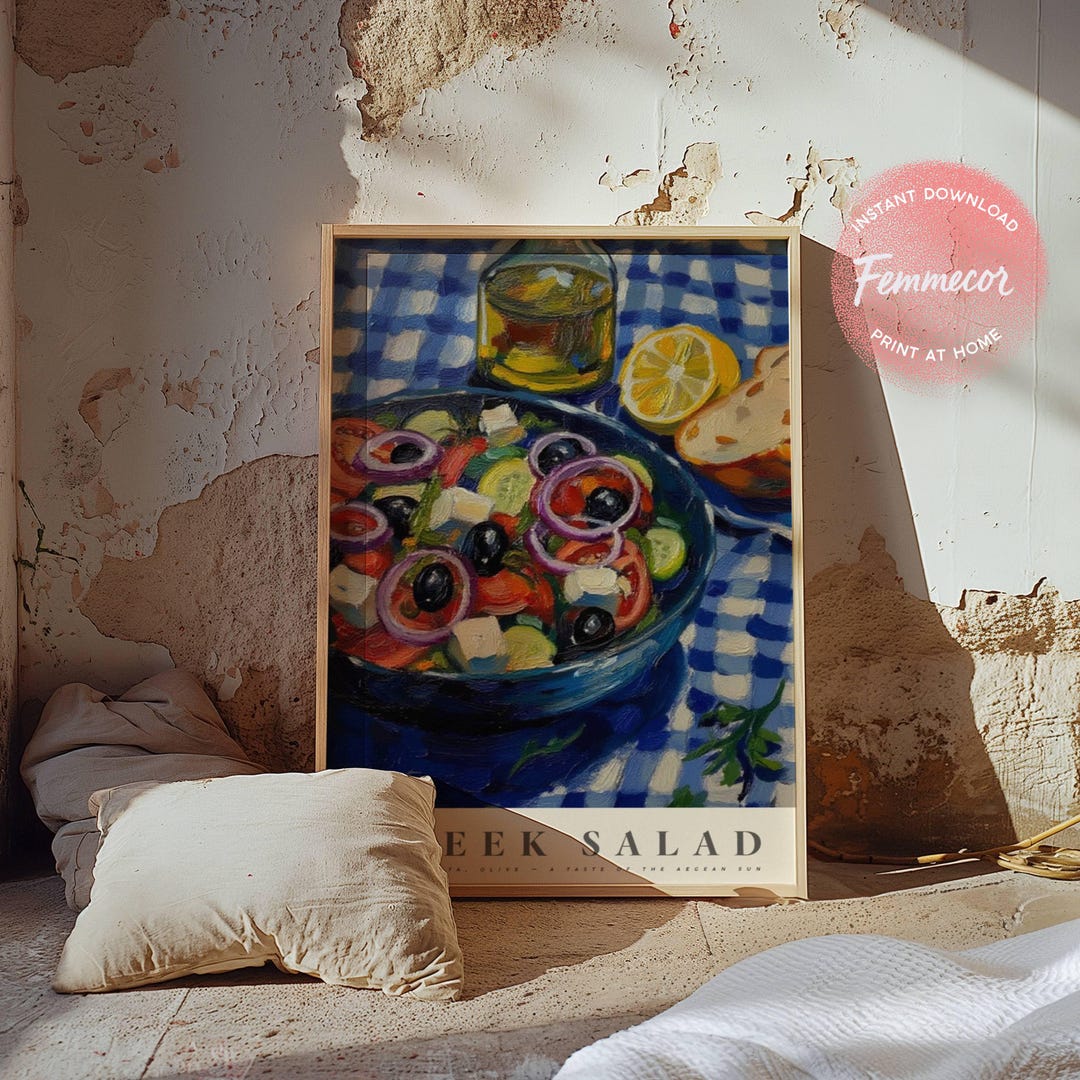 set of three mediterranean kitchen prints | framed... Printable Kitchen Wall Art | Greek Salad Digital Download ...