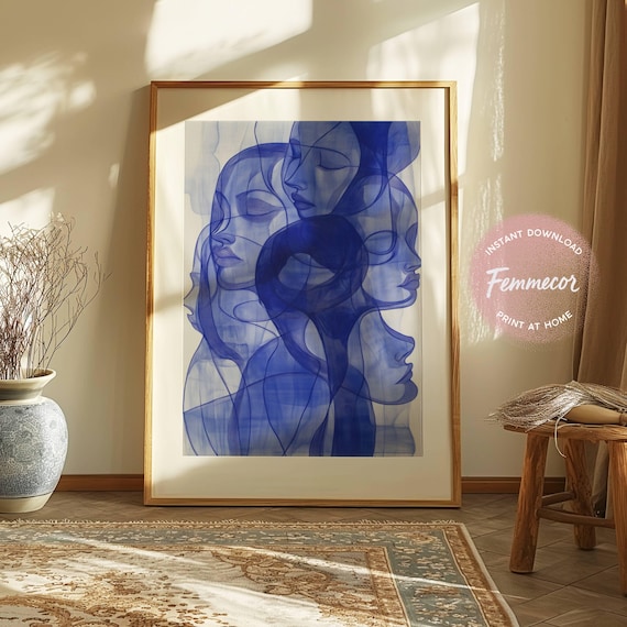 Printable Calming Wall Art – Feminine Blue Abstract Figure, Modern Art, Girly Wall Art for Living Room | Digital Download | Home Decor Gift