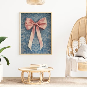 Cute wall art for girl nursery decor blue & pink French croquette bow art print for little girl room wall decor vintage inspired decor kids