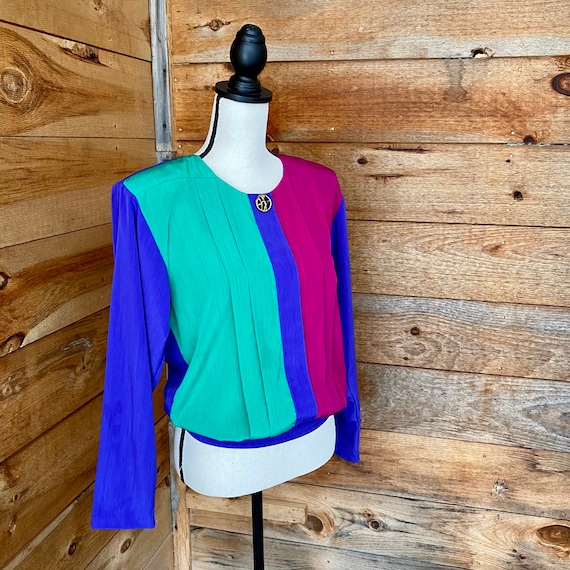 Vintage Eighties 1980s Long Sleeved Teal Purple F… - image 1