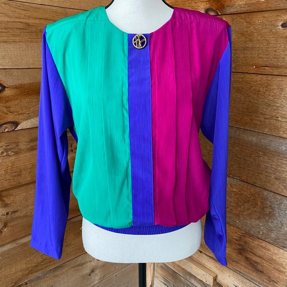 Vintage Eighties 1980s Long Sleeved Teal Purple F… - image 2