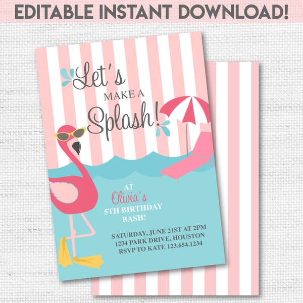 Flamingo Pool Party Invitation - Instant Download Editable