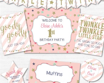 INSTANT DOWNLOAD EDITABLE Pink and Gold Twinkle Twinkle Little Star Party Package 1st and 2nd Birthdays