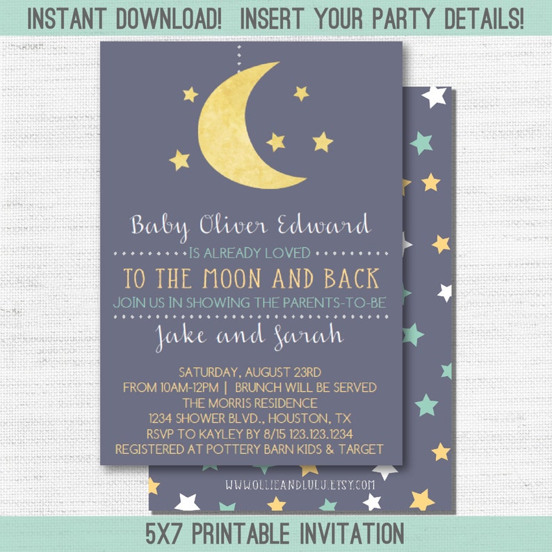 Instant Download Editable Personalized Baby Shower Invitations To the Moon and Back image 1