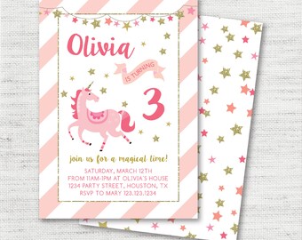 Invitaciones de cumpleaños de unicornio y estrella brillantes de color rosa y dorado - Descarga instantánea editable