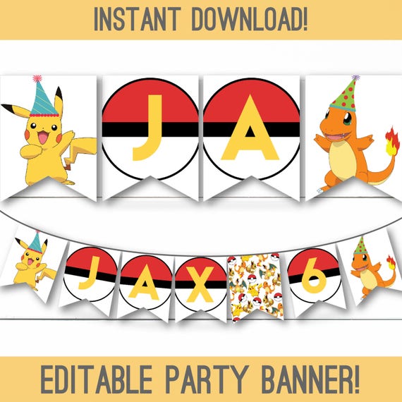 Instant Download - Editable Personalized Pokemon Birthday Party Banner Il_570xn