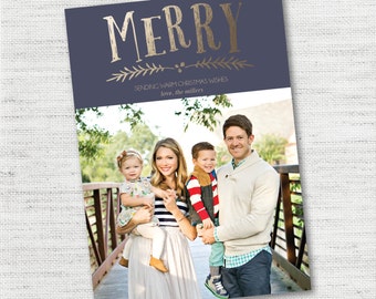 INSTANT DOWNLOAD Merry Gold Foil Christmas Photo card - PHOTOSHOP template for photographers