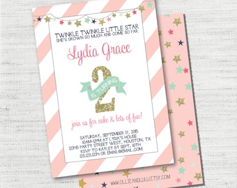 Pink and Gold Twinkle Twinkle Little Star 2nd Birthday Invitations - Editable Instant Download