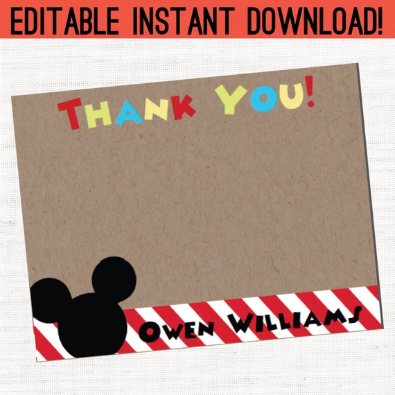 INSTANT DOWNLOAND Editable and Printable Thank You Cards - Mickey Mouse ...