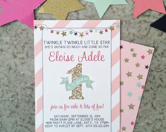 INSTANT DOWNLOAD Pink and Gold Twinkle Twinkle Little Star 1st Birthday Invitations