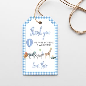 Gingham Watercolor Birthday Party Favor Tags - Editable Instant Download