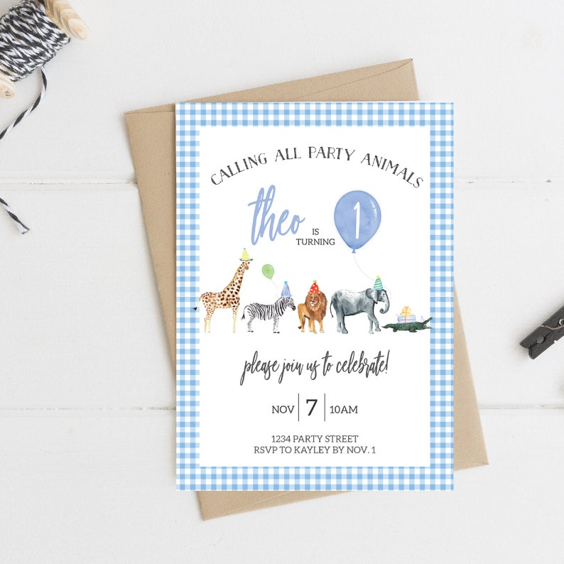 Gingham Watercolor Party Animal Birthday Invitation Editable Instant Download image 1