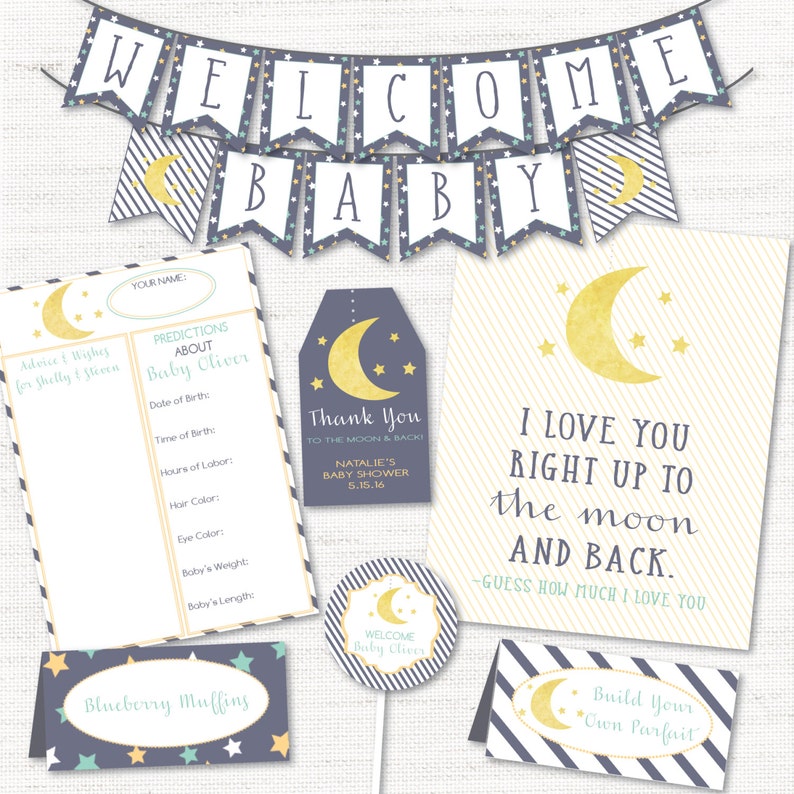 Instant Download Editable Personalized Baby Shower Decor Game Party Package To the Moon and Back image 1