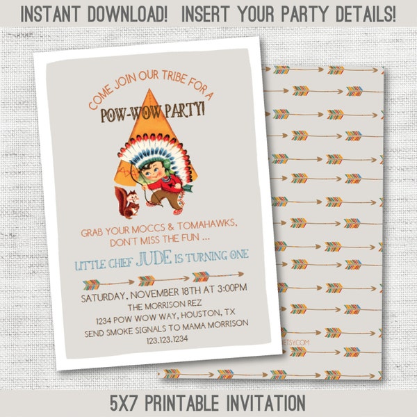 INSTANT DOWNLOAD Editable Personalized Vintage Indian Pow-Wow Party Invitation