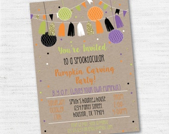 INSTANT DOWNLOAD Kraft Paper Halloween Invite Banners Honeycomb Balls Confetti Colorful Party Invitation