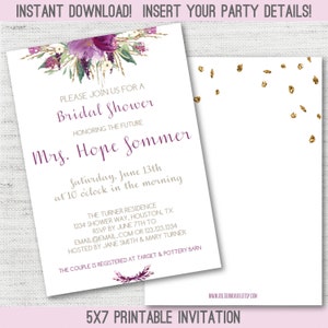Instant Download Editable Personalized Bridal Shower Baby Shower Birthday Party Amethyst Plum Purple Gold Floral Invitation image 1