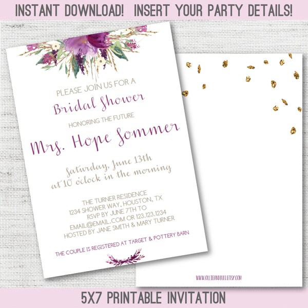 Instant Download - Editable - Personalized - Bridal Shower - Baby Shower - Birthday Party -Amethyst Plum Purple Gold Floral Invitation