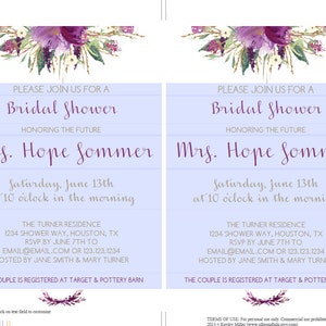 Instant Download Editable Personalized Bridal Shower Baby Shower Birthday Party Amethyst Plum Purple Gold Floral Invitation image 2