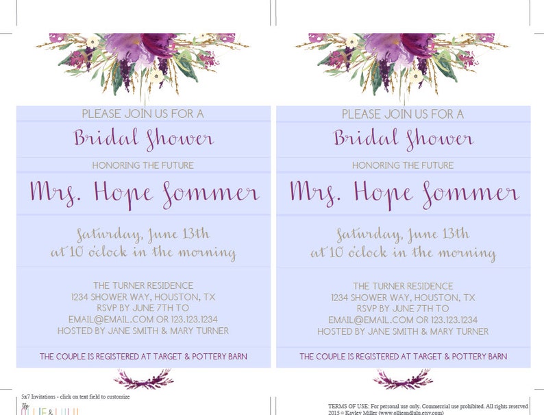 Instant Download Editable Personalized Bridal Shower Baby Shower Birthday Party Amethyst Plum Purple Gold Floral Invitation image 2