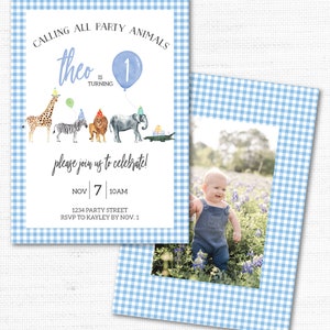 Gingham Watercolor Party Animal Birthday Invitation Editable Instant Download image 2