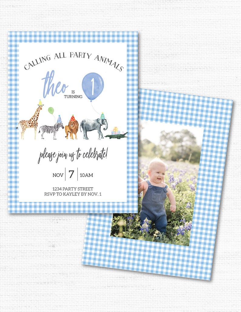 Gingham Watercolor Party Animal Birthday Invitation Editable Instant Download image 2