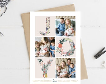 Editable Instant Download - Custom Photo Christmas Card - Floral Lettered Joy - 3 photo card