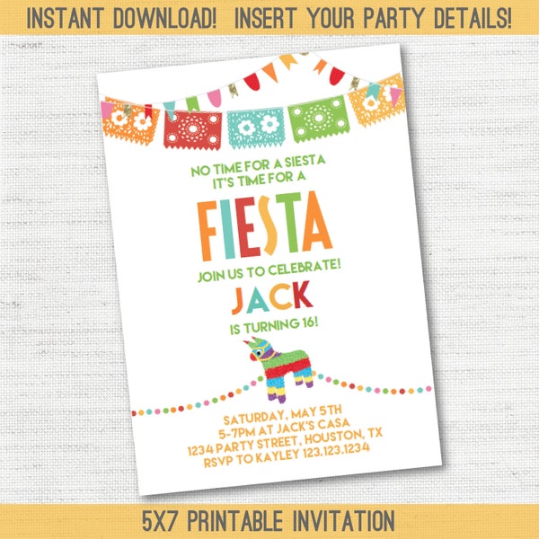 INSTANT DOWNLOAD White Picado Bunting Banner Pinata Fiesta Cinco De Mayo Birthday Invitation