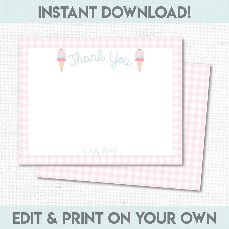 Thank You Cards Ice Cream Cone Instant Download Editable image 1