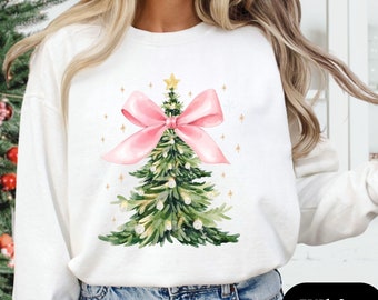 Christmas Pink Bow Sweatshirt Coquette Christmas Sweater Bows Holiday Crewneck Cute Winter Sweatshirt Pink Girly Christmas Tree Shirt
