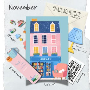 May include: A stationery set featuring a postcard of a pink library building, a pink bookmark with the text Your own little moment, a blue calendar, a black and white coloring sheet, and various small stickers, all inside a Snail Mail Club envelope.