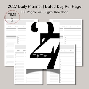 Puede incluir: Un planificador diario 2027 en descarga digital con 366 páginas en tamaño A5. La portada muestra los números 27 en negro con el texto Twenty Twenty-seven. Las páginas interiores son blancas con líneas negras, horarios y casillas de verificación.