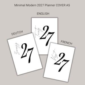 Könnte beinhalten: Drei weiße A5-Planer-Deckblätter mit schwarzem Text. Das obere mittlere Blatt zeigt das Wort Twenty und die Zahl 27. Das linke Blatt zeigt das Wort Zwanzig und die Zahl 27. Das rechte Blatt zeigt das Wort Vingt und die Zahl 27.