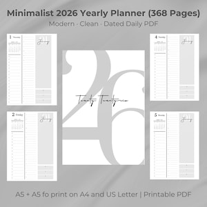 Puede incluir: Un planificador anual minimalista 2026 con 368 páginas. El diseño es moderno y limpio, con un formato diario fechado. La portada presenta el texto "Twenty Twenty-six" en una fuente elegante. El planificador está disponible en A5 y A5 fo en A4 y US Letter.