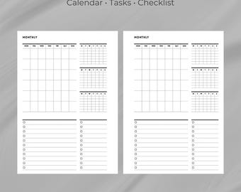 May include: A minimalist, undated monthly planner with calendar, tasks, and checklist sections. The planner is in black and white, with grid-style layouts for each month, and includes space for notes and to-do lists. The text "Minimal Monthly Planner (Undated)" is at the top.