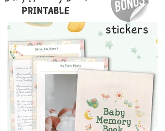 May include: A baby memory book with the text "Baby Memory Book PRINTABLE" and a bonus sticker set. The book has a soft, pastel color scheme with illustrations of baby-related items. Pages include space for photos and notes.
