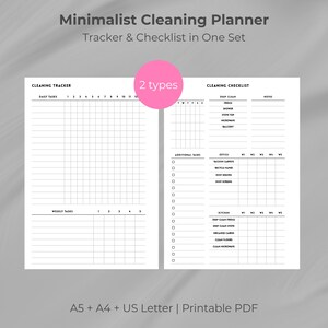 Może przedstawiać: Minimalistyczny planer sprzątania z trackerem i listą kontrolną w jednym zestawie. Planer zawiera sekcje zadań dziennych i tygodniowych, a także listę kontrolną sprzątania dla różnych obszarów.