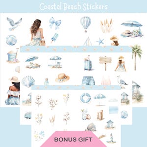 Coastal Beach Printable Stickers Set | 3 A5 Sheets | PNG PDF | for A4 US Letter Paper | Instant Download |for Journals|Planners|Scrapbooking