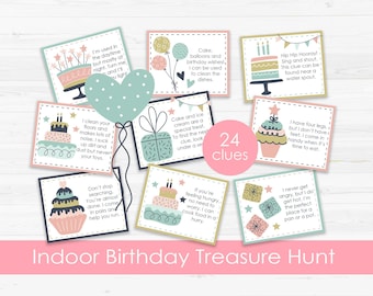May include: A set of 24 colorful cards with illustrations of cakes, balloons, and other birthday-themed items. Each card has a clue written on it, such as "I'm used in the daytime but mostly at night. Turn me and you'll light." The cards are designed for an indoor birthday treasure hunt.