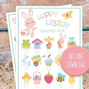 May include: Printable Easter scavenger hunt game with a pink bunny, a butterfly, a bird, a basket of eggs, a cupcake, a strawberry, a bee, a frog, a birdhouse, a wheelbarrow, a sun, and a chick. The game says "Happy Easter! Scavenger Hunt".