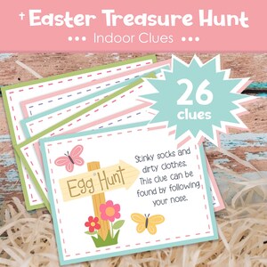 May include: A set of 26 colorful Easter egg hunt clue cards with a pink butterfly and the text "Egg Hunt" on a wooden sign. The cards are on a wooden background with straw.
