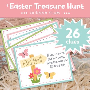 May include: A set of 26 colorful Easter egg hunt clues with a pink, green, and blue color scheme. The clues feature a cartoon butterfly and a sign that says "Egg Hunt".