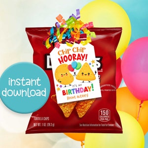 Etiquetas de regalo para bolsas de papas fritas - Etiquetas para bolsas de papas fritas de cumpleaños - Etiquetas de regalo para fiestas de cumpleaños - Etiquetas de regalos para fiestas de papas fritas - Etiquetas Chip Chip Hooray It's My Birthday
