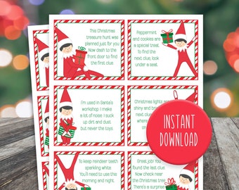 May include: Printable Elf on the Shelf Christmas scavenger hunt game with six clues. Each clue features a cartoon elf holding a gift and a red and white striped border. The text on the clues includes phrases like "This Christmas treasure hunt was planned just for you" and "To keep reindeer teeth sparkling white".