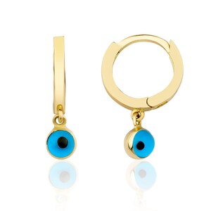 14K Gold Huggie Earrings Evil Eye Dangle