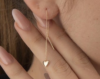 14K Gold Heart Drop Threader Earring (Single)