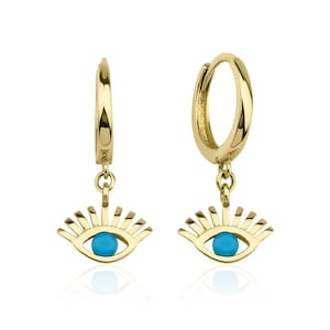 14K Gold Huggie Earrings Evil Eye Dangle