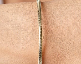 14k Solid Gold Flexible Italian Bracelet, 3mm Mesh Chain, Adjustable Gold Bangle, Real Gold Stacking Bracelet, Gift for Her