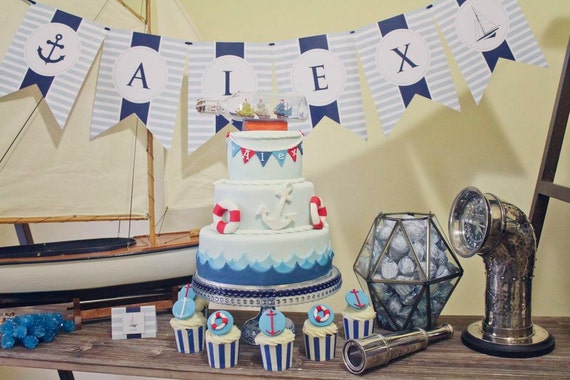 NAUTICAL BIRTHDAY Party Printable Party Banner - Aqua and Navy Il_570xn