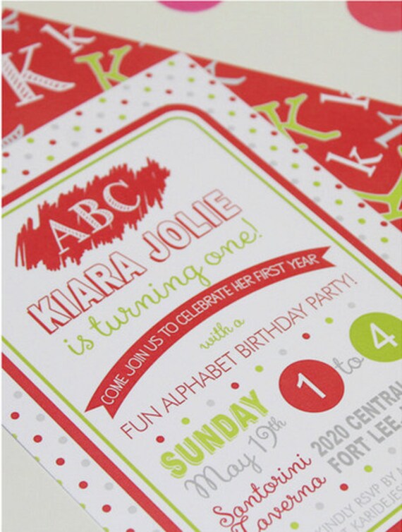 ABC Alphabet Kids Birthday Printable Party Invitation or Baby Shower Pink and Green - Printing Available Il_570xn