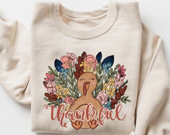 Thankful Floral Turkey Sweatshirt, Retro Cute Fall Sweater, Thankful Grateful Shirt, Thanksgiving Shirt, Thanksgiving Family Sweatshirt Gift